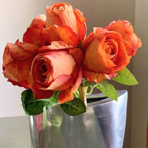 12" Realistic Artificial Flowers Bundle 6 Large Orange Burnt Edge Roses Rosebuds - Picture 3 of 4